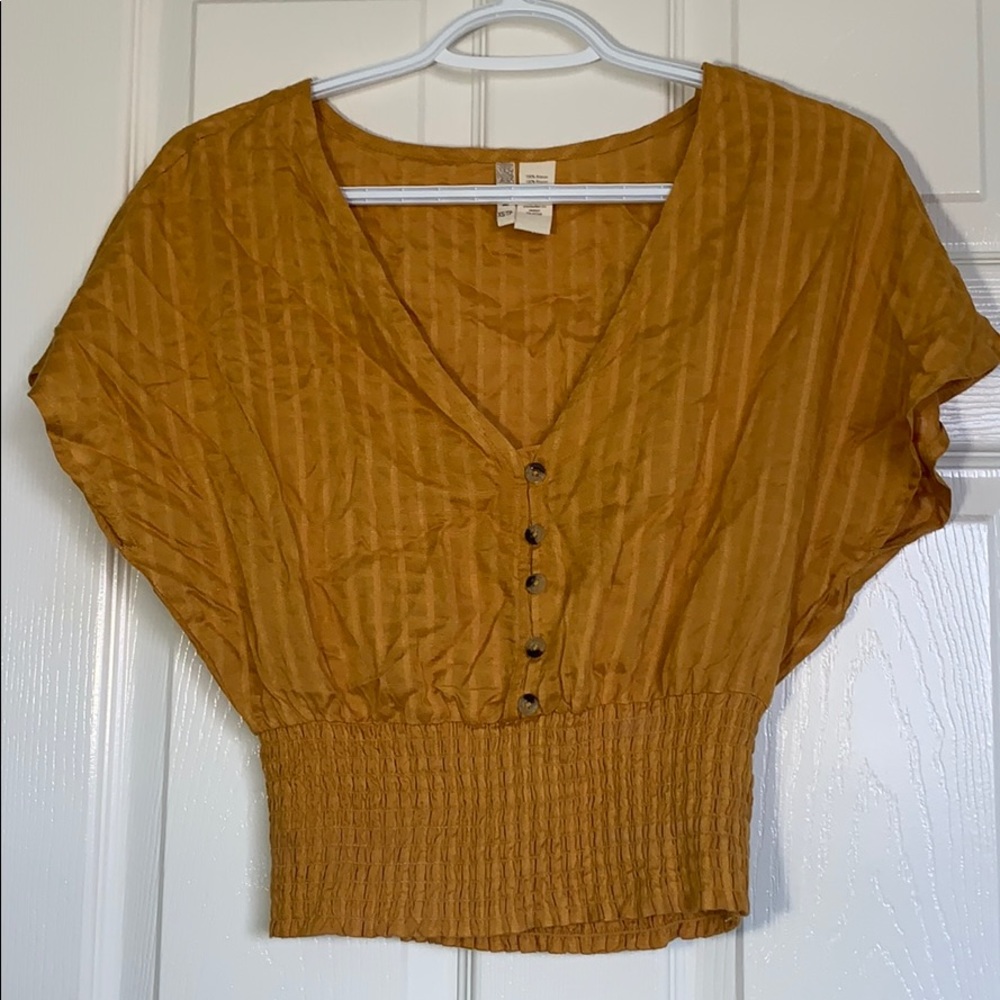 Yellow V Neck Short Sleeve Blouse